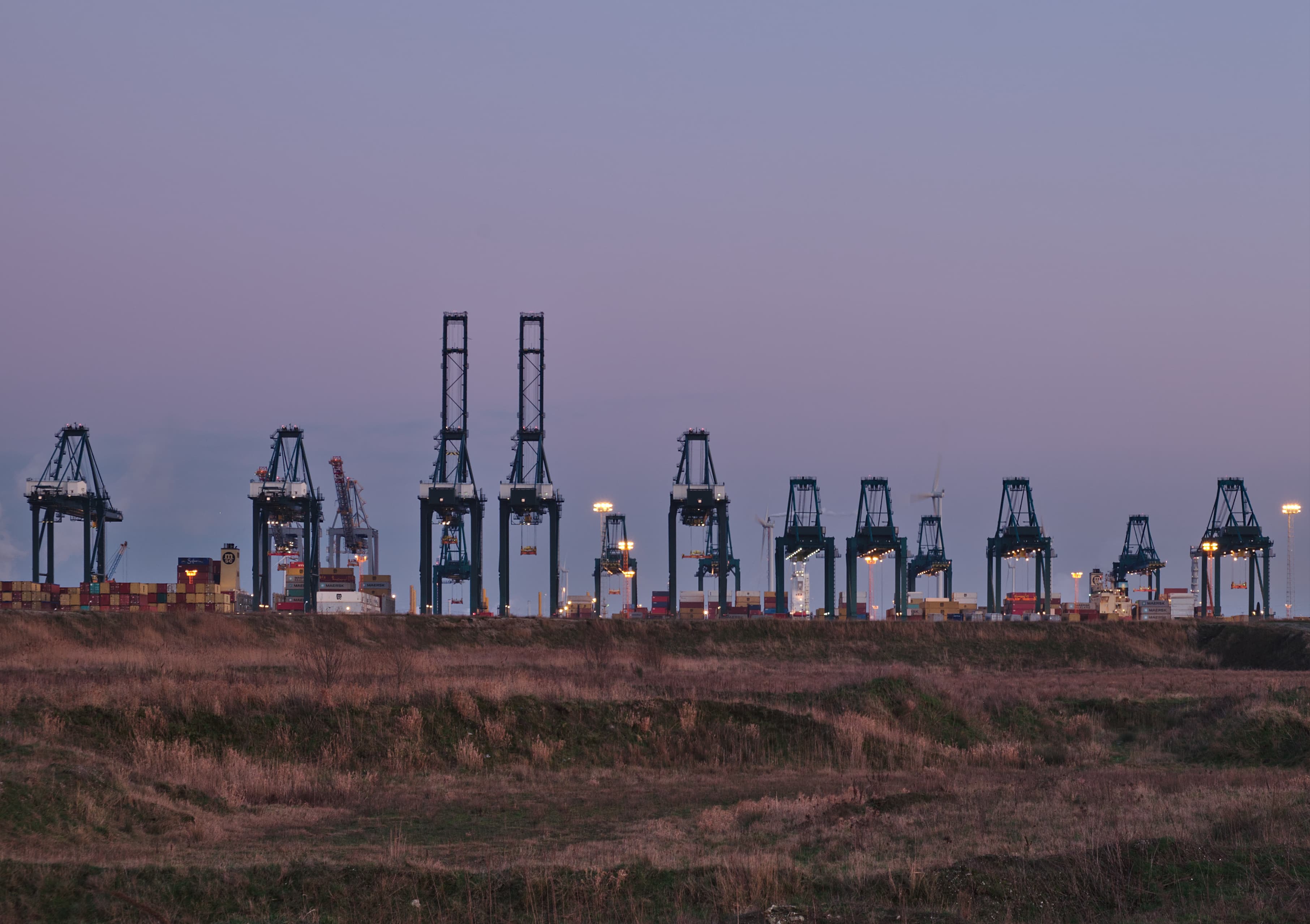 Container cranes at a port terminal at twilight